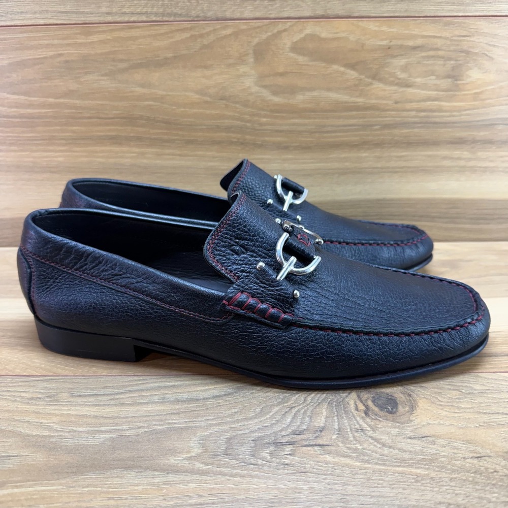 Donald J Pliner Bit Loafers Mens 11 M Black Pebble Leather Moc Toe Red Stitching